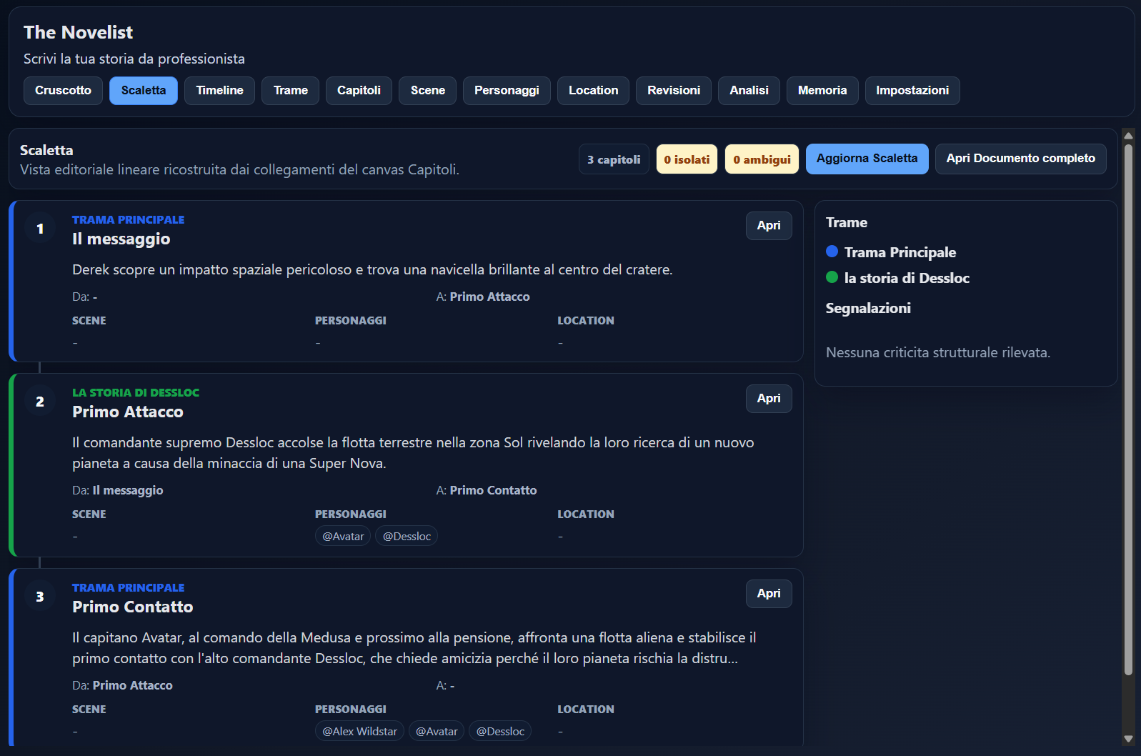 Scaletta del manoscritto